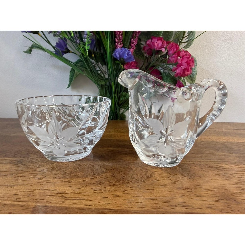 Vintage Cut Crystal Creamer Sugar Bowl Set Frosted Floral Flower Glass